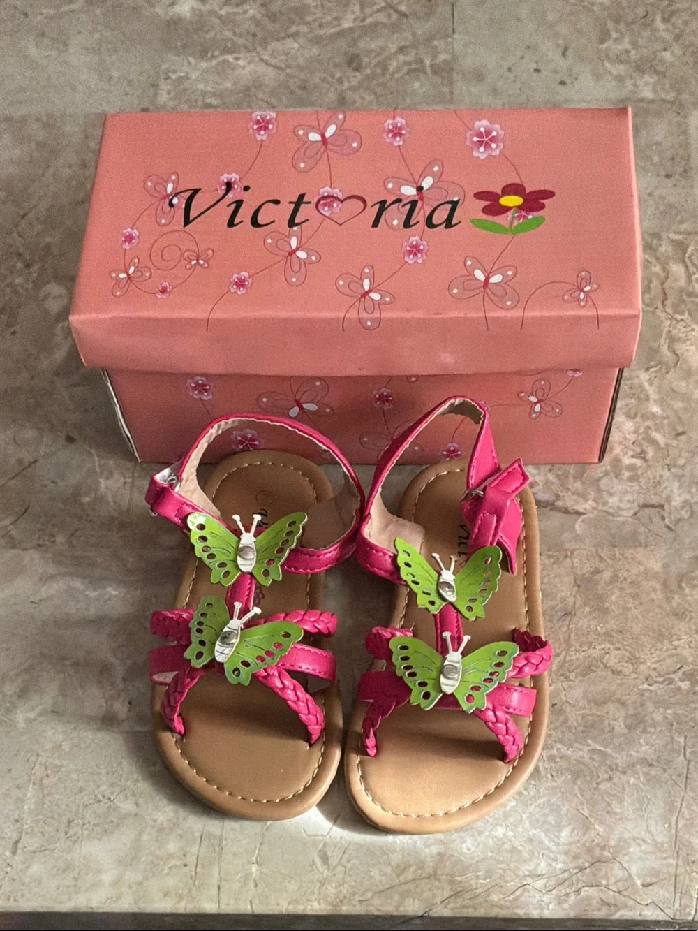 Girls' Pink Sandals with Green Butterfly Accents Size 7